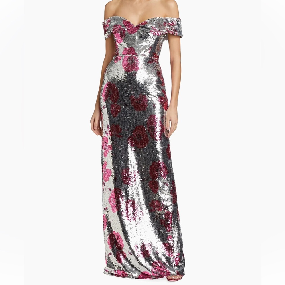 Monique Lhuillier Silver and Pink Sequin Off-Shoulder Gown